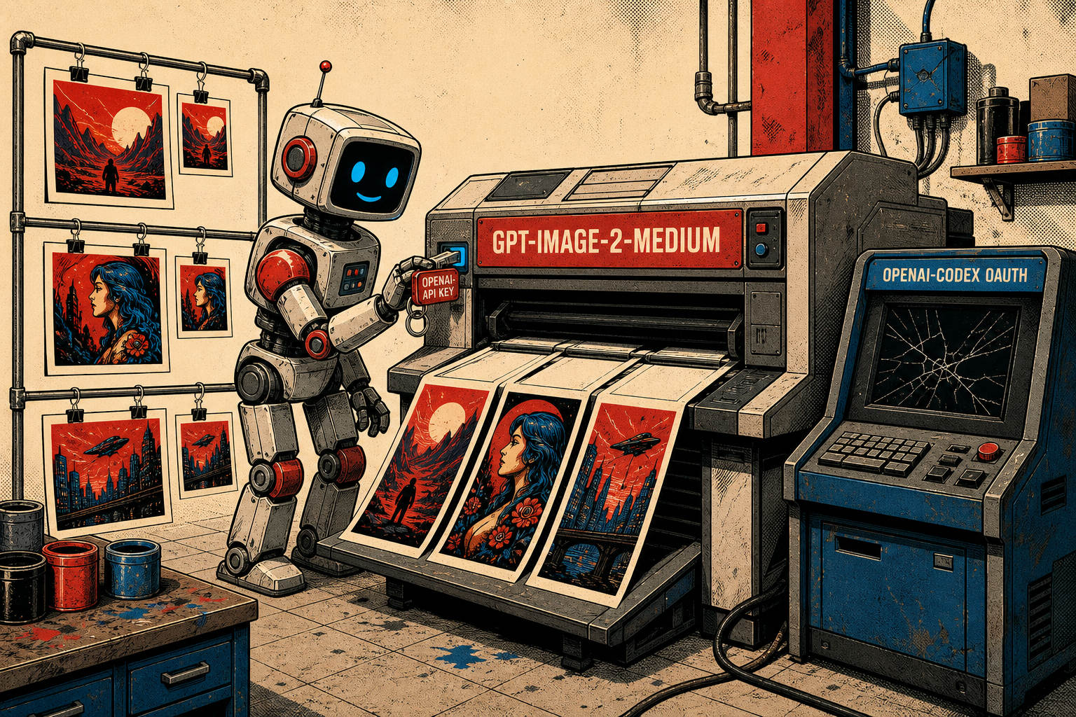 A friendly retro robot at an image-gen console with a small OPENAI API KEY keychain, plugging it into a poster PRINTER labeled GPT-IMAGE-2-MEDIUM. Three printed posters hang drying on a rack: each printed PNG has a small WebP twin beside it. A STOP sign blocks a separate broken console labeled OPENAI-CODEX OAUTH.