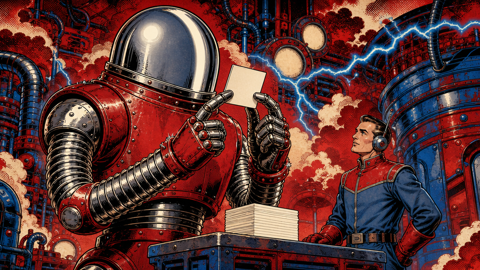 Retro-futurist editorial illustration: a tall chrome-domed coil-limbed robot holds one small blank unmarked card up between two coil fingers and reads it, beside a low workbench carrying a single stack of blank cards, with a much smaller human operator standing beside the bench, in deep crimson and electric blue on warm cream.