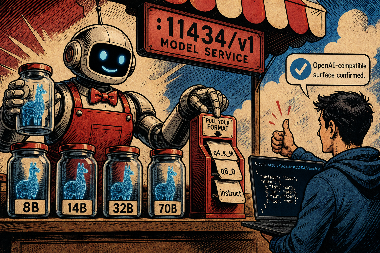 A retro robot on a developer desk with a single laptop terminal running OLLAMA SERVE; three small model cards float above it labeled 8B, 32B, and 70B, each with a tag chip showing q4_K_M, q8_0, or INSTRUCT.