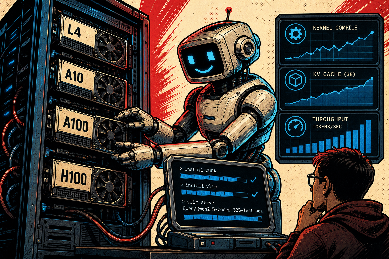 A single GPU workstation serving a local language model to several applications through an API.