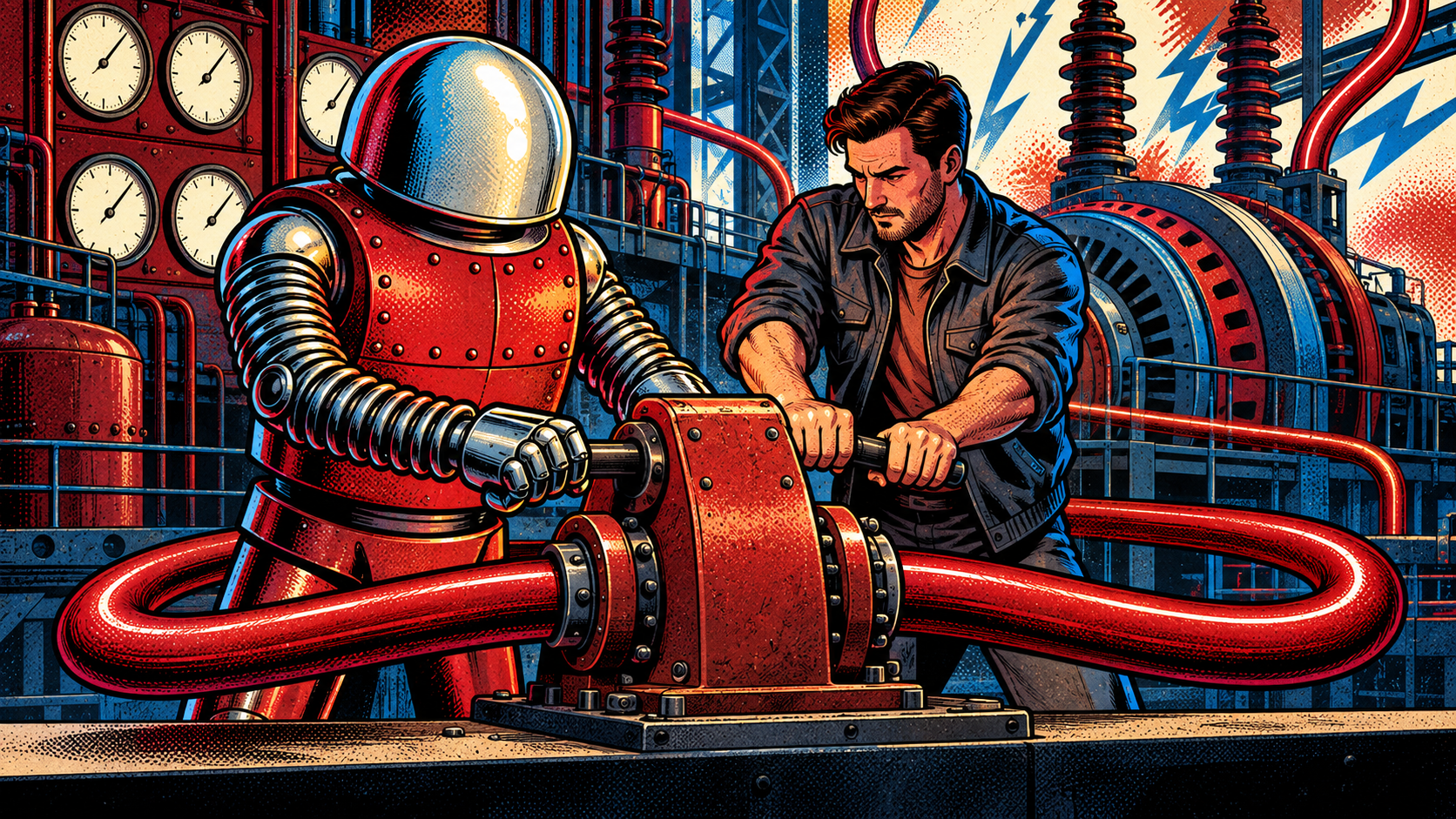 A chrome-domed ABS robot turns a large hand crank at a workbench while one continuous crimson conduit loops out from the crank and back into its own housing, with a small human operator watching the crank from one side.
