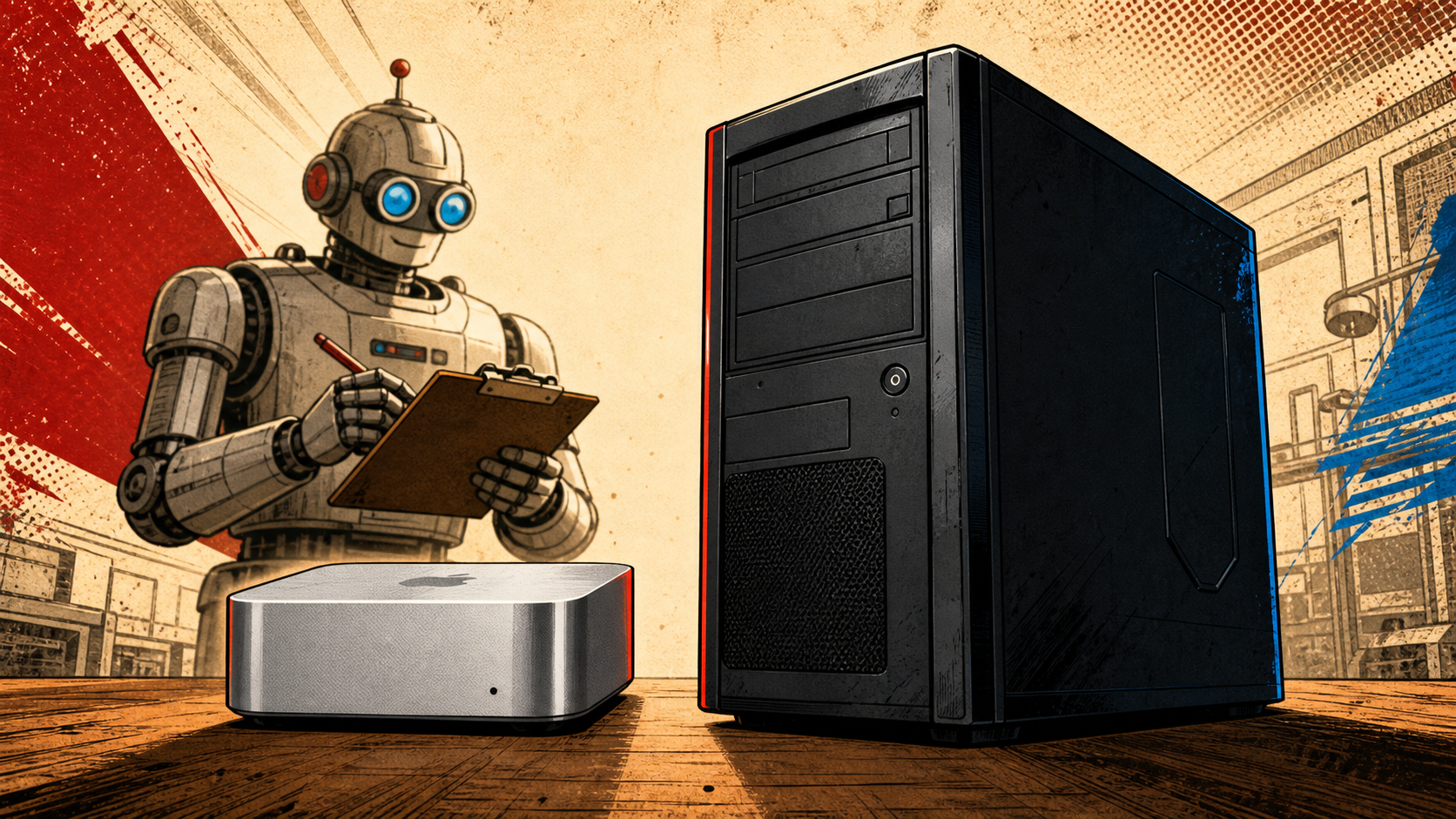 Mac Mini M4 Pro sitting on a desk beside a much larger tower PC, with a friendly retro-futurist robot in the background holding a clipboard