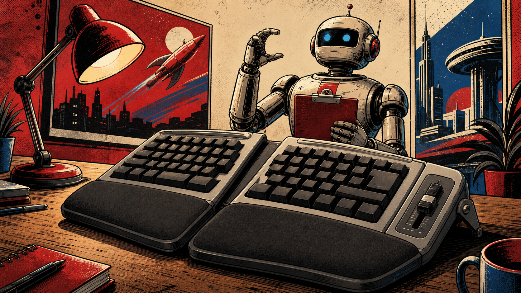 A Microsoft Natural Ergonomic Keyboard 4000 with its distinctive split key layout and cushioned palm rest, on a wooden desk, with a friendly retro-futurist robot in the background