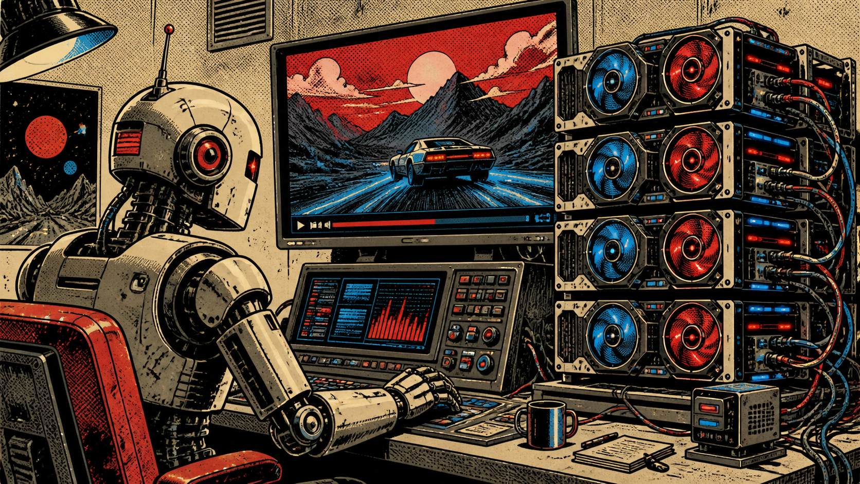 A retro robot at a desk with stacked GPUs rendering a video clip