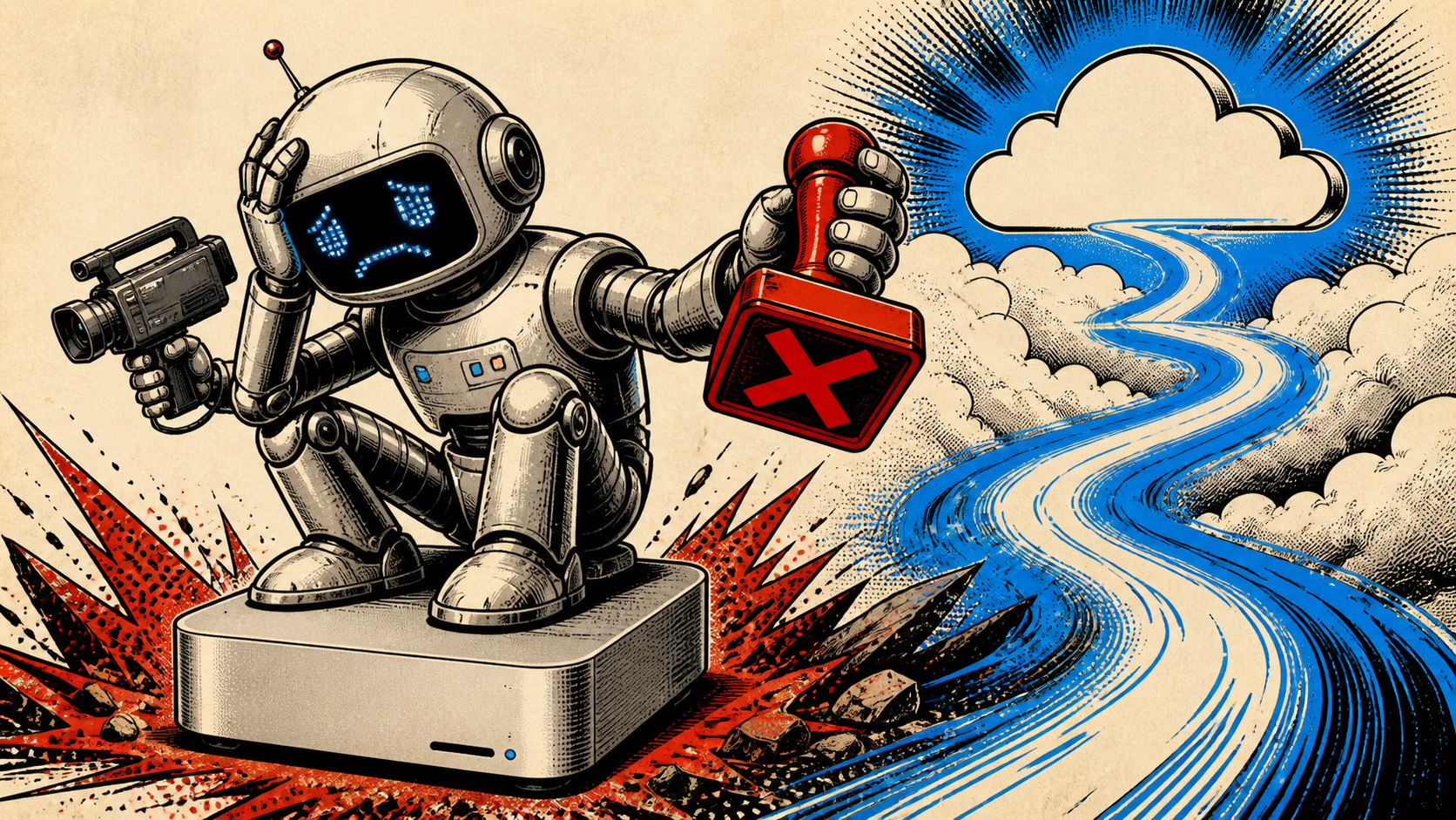 A retro robot on a Mac Mini holding a video camera and a red fail stamp