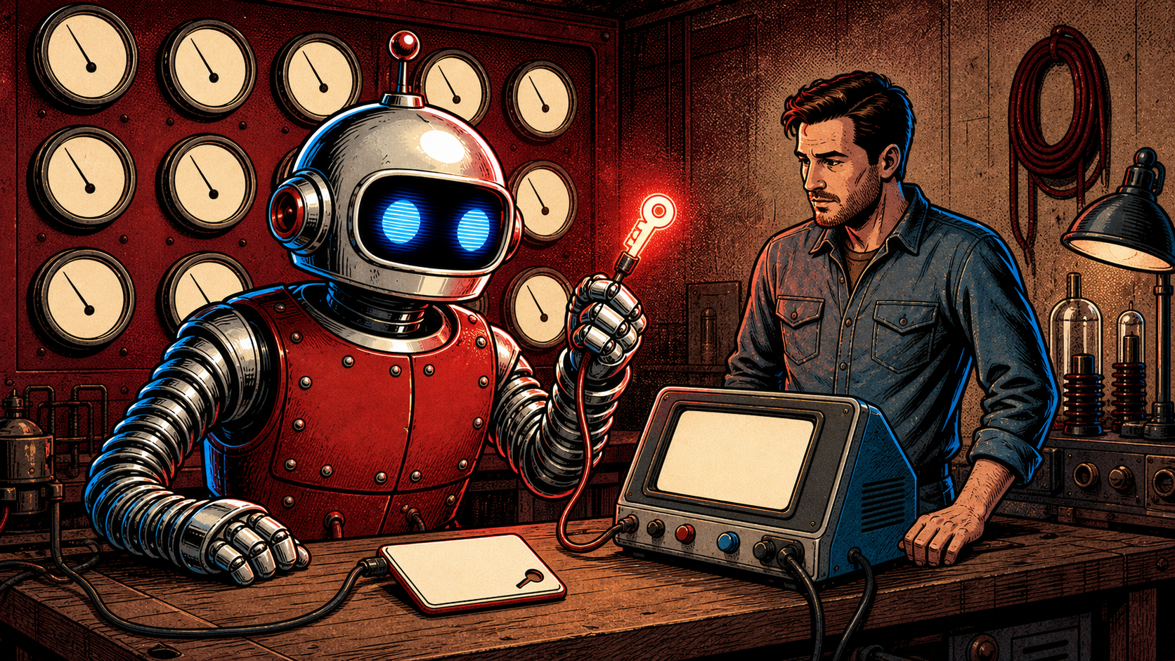 Retro editorial illustration of a chrome-domed robot with red riveted panels and cyan glowing eyes at a workshop bench, holding a glowing key cable, with a human operator leaning on the bench beside a CRT terminal and a wall of analog dial meters.