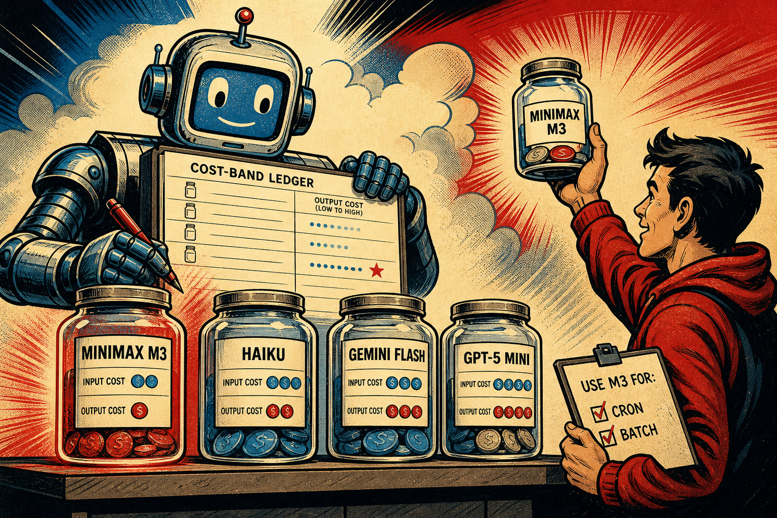Four small retro robots standing in a row on a budget shelf, each wearing a price tag — MiniMax M3, Haiku 4.5, Gemini 2.5 Flash, GPT-5-mini — with a hand-drawn arrow from a task card to the cheapest robot that can handle it.
