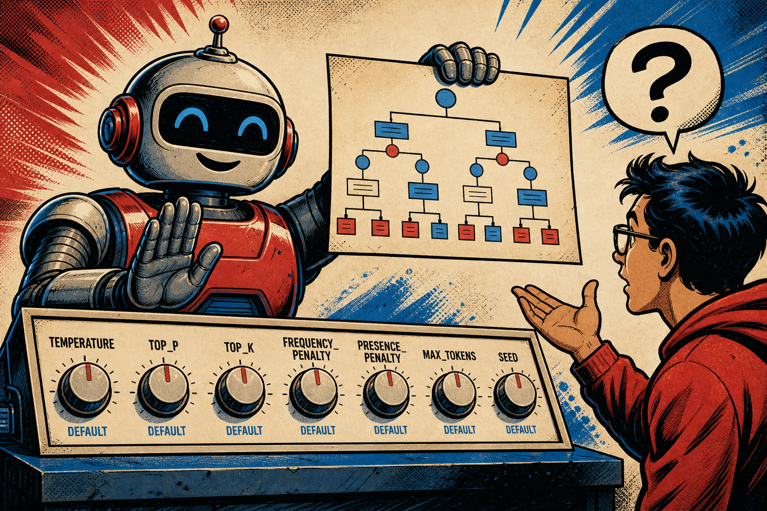 A retro robot at a control bench turning seven labeled knobs on a console — TEMP, TOP_P, TOP_K, FREQ, PRES, MAX, SEED — with the first three knobs taped over and a small sign reading 'DO NOT TOUCH'.