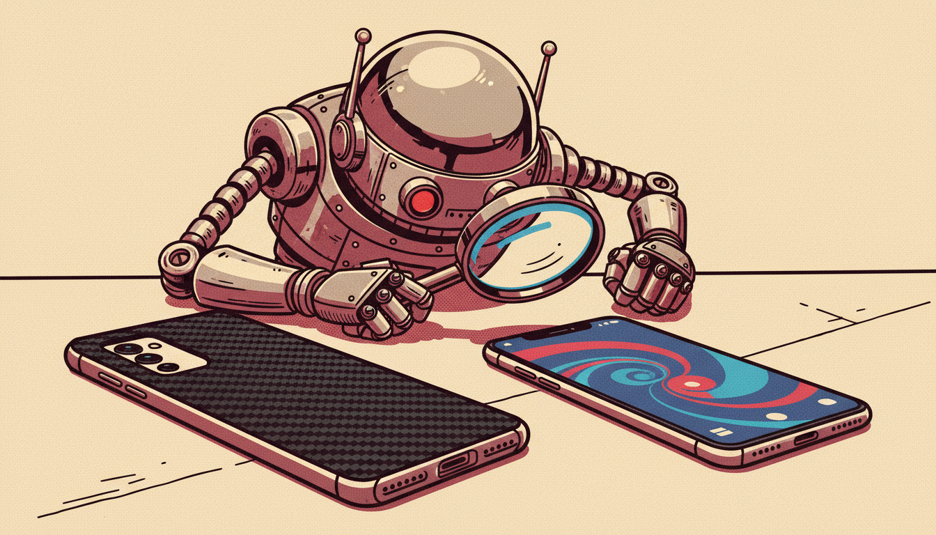 Black MOUS Limitless 5.0 carbon fiber case on an iPhone 15 Pro Max next to a retro robot inspecting the case