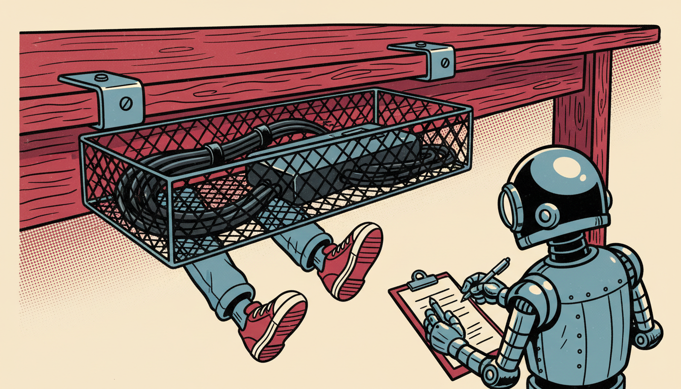 Black metal under-desk cable management tray clamped under a wooden desk, holding a power strip and bundled cables, plus a retro robot inspector