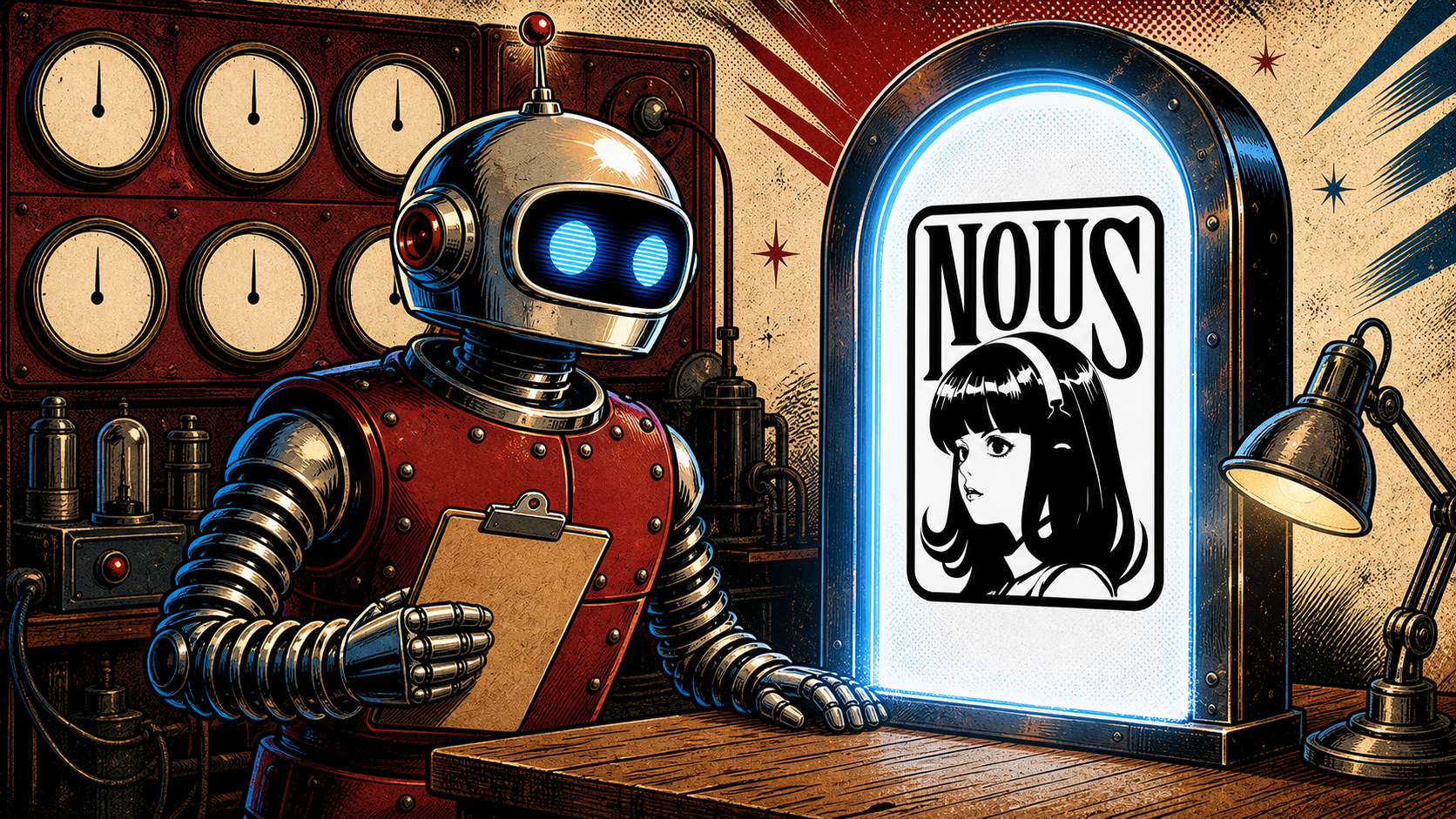 Retro editorial illustration of a chrome-domed robot at a workbench facing a glowing arched Gateway panel, with blank dial meters behind it.