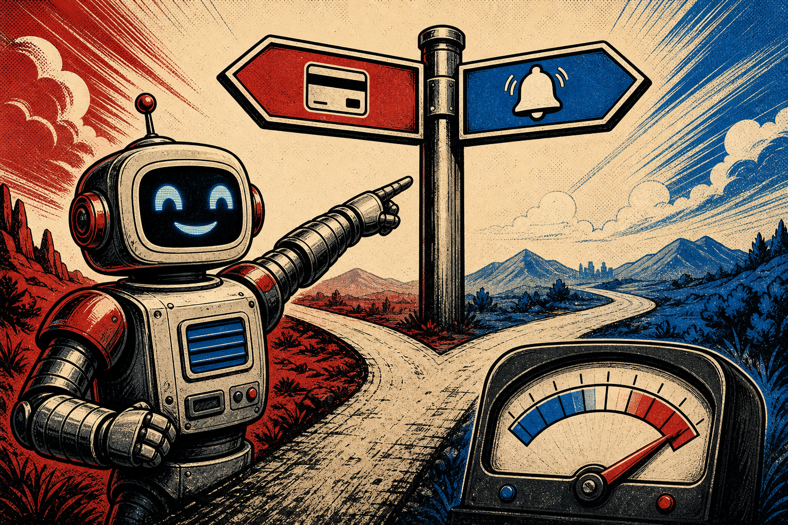 A friendly retro robot standing at a Y-shaped junction signpost: the left fork tagged API KEY with a small credit-card glyph, the right fork tagged CODEX OAUTH with a small subscription-bell glyph. The robot points right (toward CODEX OAUTH) above a usage-volume meter pinned toward the high end.