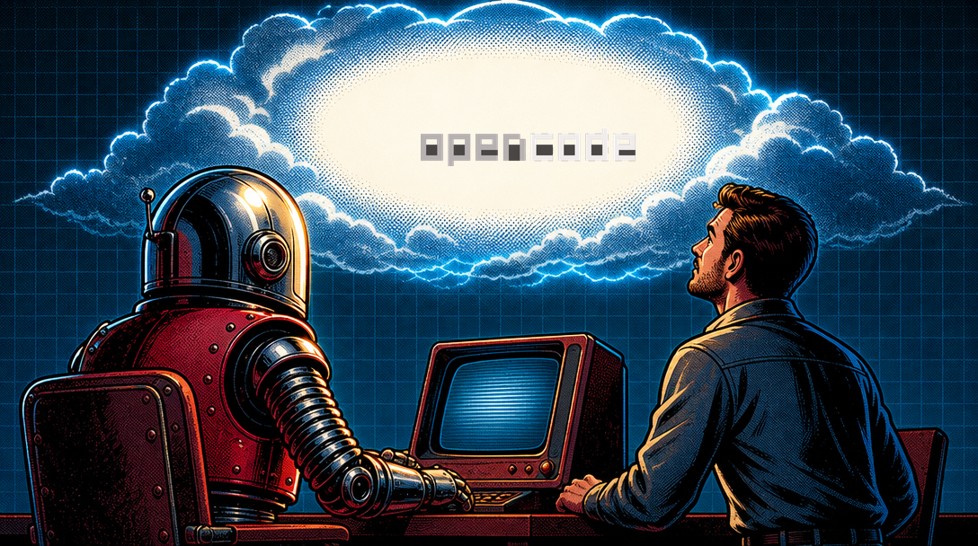 Retro comic-style illustration of a chrome-domed robot and human operator looking up at a glowing cloud containing the OpenCode wordmark, in deep reds and teal-blue.