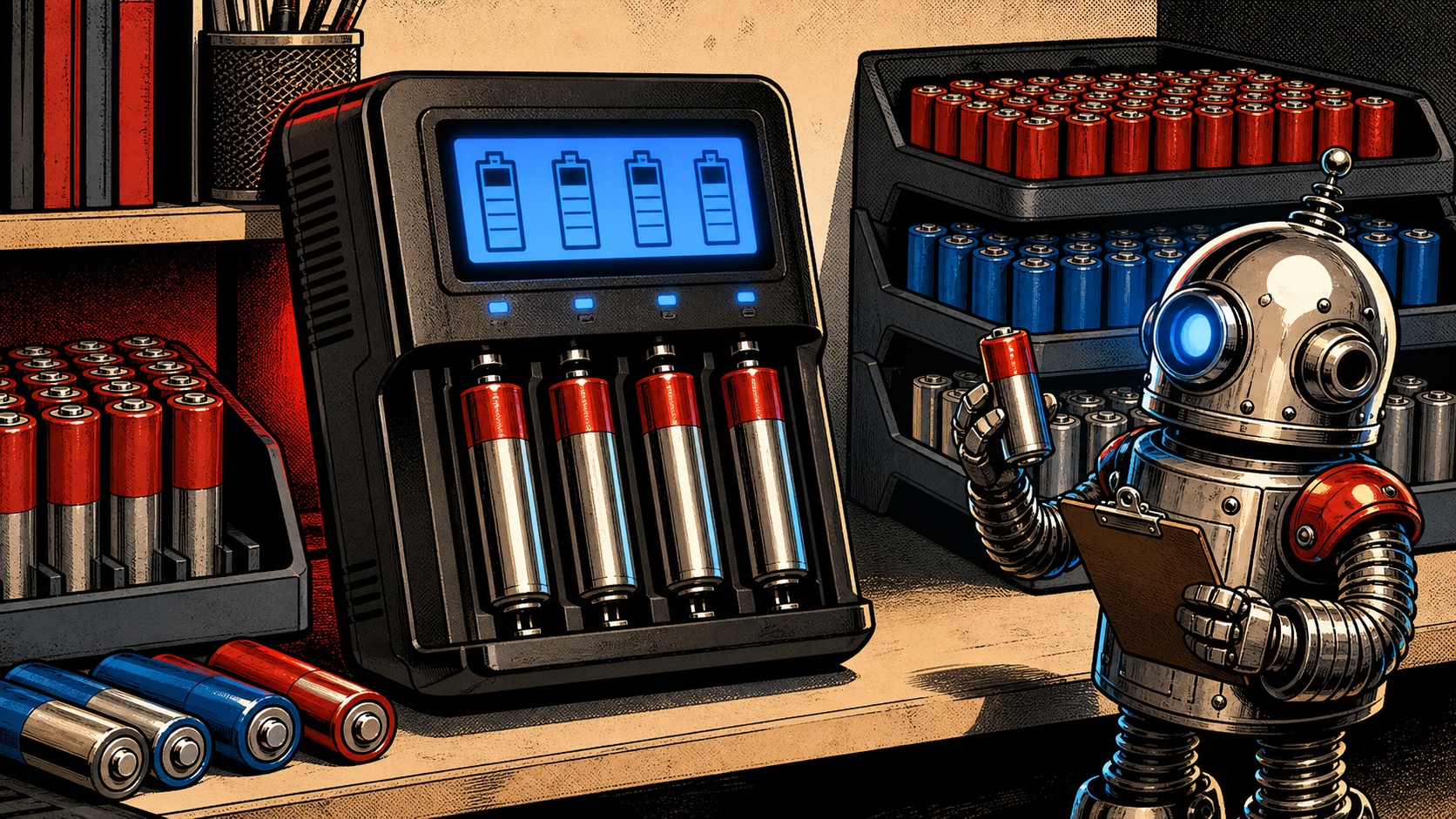A four-slot battery analyzer charging AA cells on a computer desk while a retro robot sorts rechargeable batteries