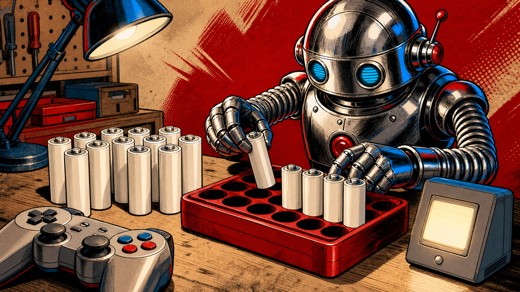 A twelve-pack of white rechargeable AA batteries powering game controllers and household lights while a retro robot sorts charged cells