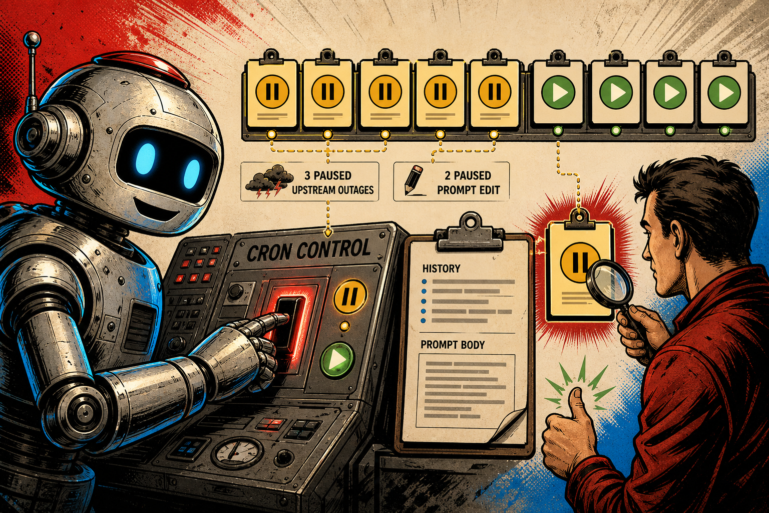 A retro robot standing beside a wall calendar where today's punch-card slot is gently closed with a red PAUSE ribbon tied in a bow, while the earlier days' slots remain punched and intact. A small clipboard labeled with three checkmarks floats nearby — the day is marked down, not erased.