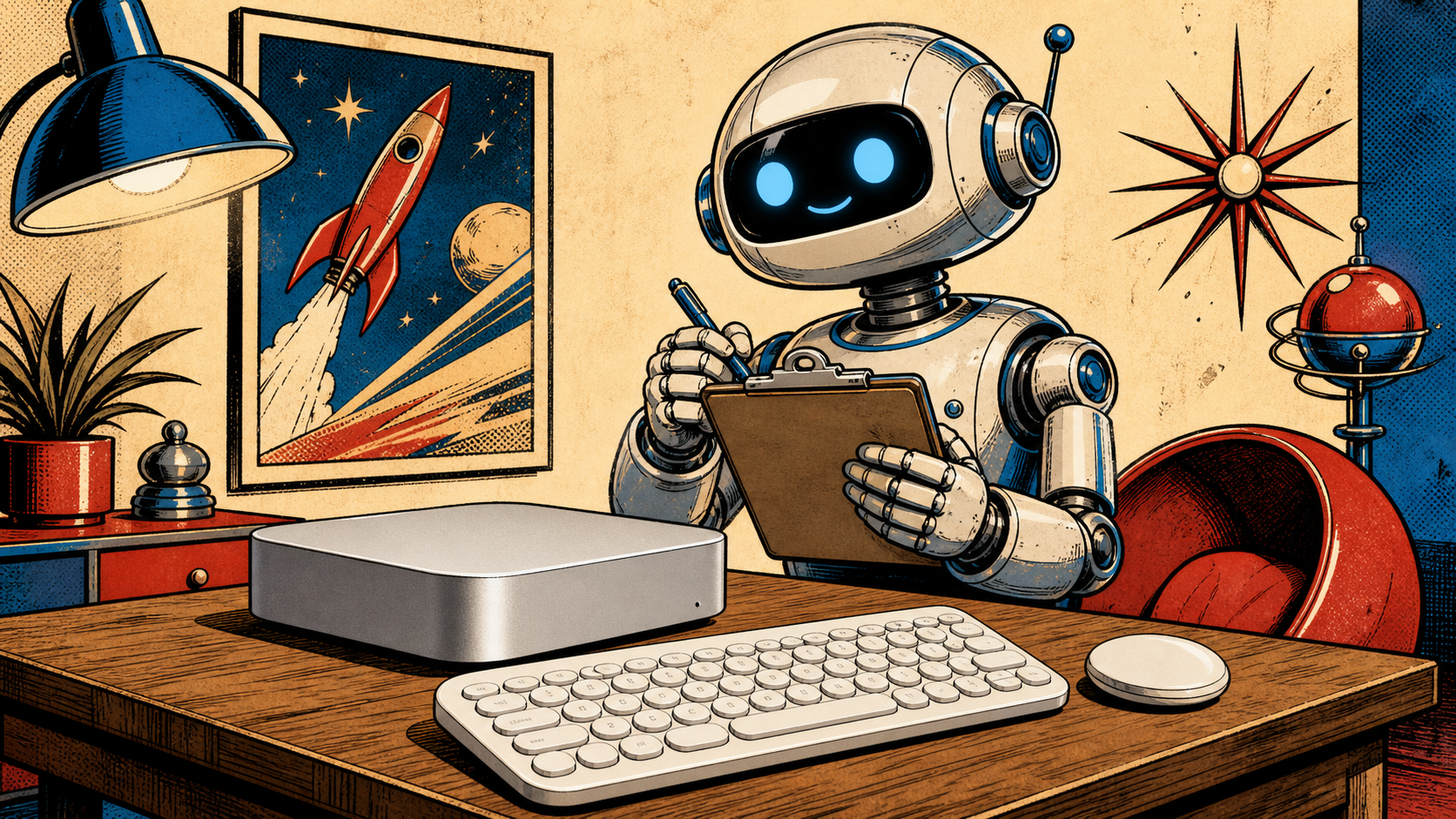 A small Logitech Pebble 2 keyboard and matching Pebble mouse sitting on a small desk next to a Mac mini, with a friendly retro-futurist robot in the background holding a clipboard taking notes
