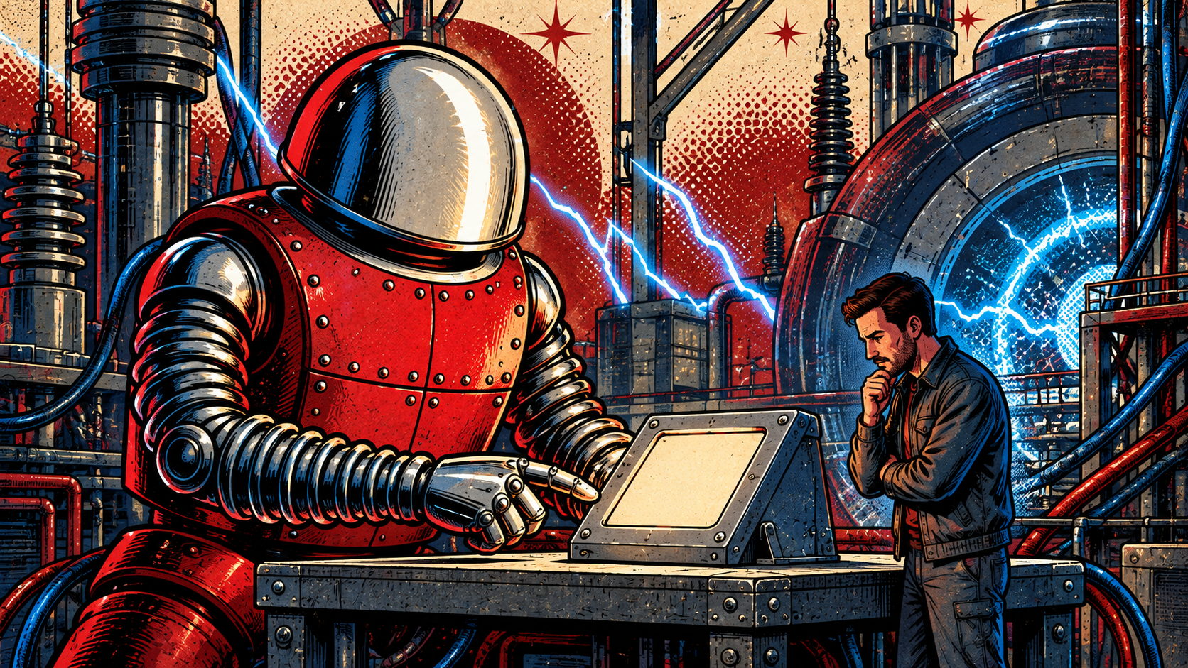 Retro-futurist editorial illustration: a chrome-domed coil-limbed robot at a workbench beside a much smaller human operator, both studying the same blank unmarked instrument panel, in deep crimson and electric blue on warm cream.