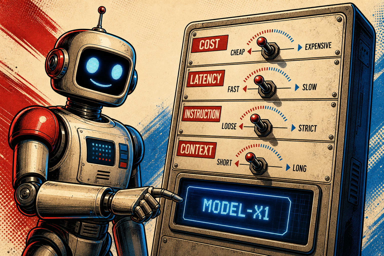 A friendly retro robot at a model-selection switchboard with four labeled toggles (COST, LATENCY, INSTRUCTION, CONTEXT), each positioned by a dial between a left setting (cheap / fast / loose / short) and a right setting (expensive / slow / strict / long), pointing at a chosen model name lit up on a small display.