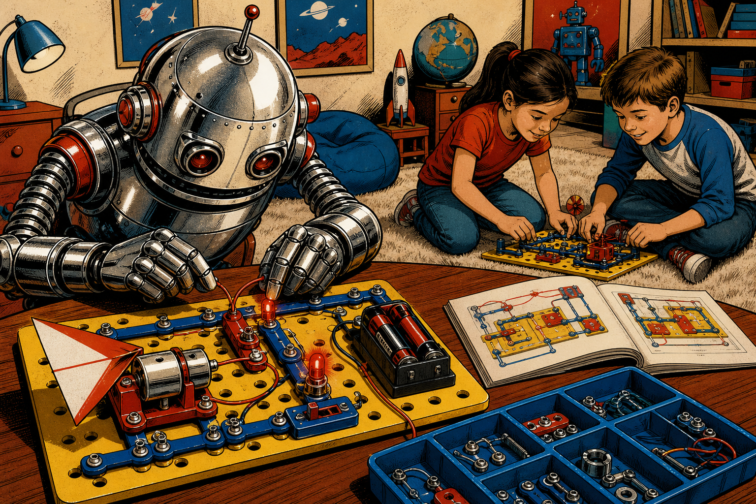 Playz electrical circuit board kit spread on a kid's play table, with components like wires, a small motor, a buzzer, LED lights, and a switch assembled into a working circuit with a colorful instruction booklet beside it, while elementary-age kids build another project nearby