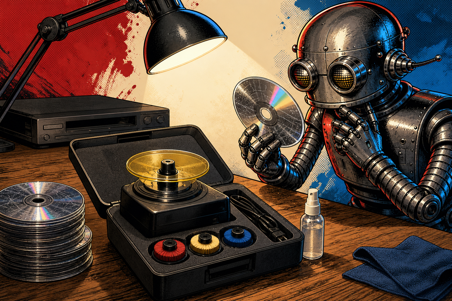 ProcareSelect Disc Cleaning and Repairing Kit PRO open on a table with its motorized spindle, three colored buffing brushes, and a spray bottle, next to a small stack of scratched DVDs and a DVD player in the background