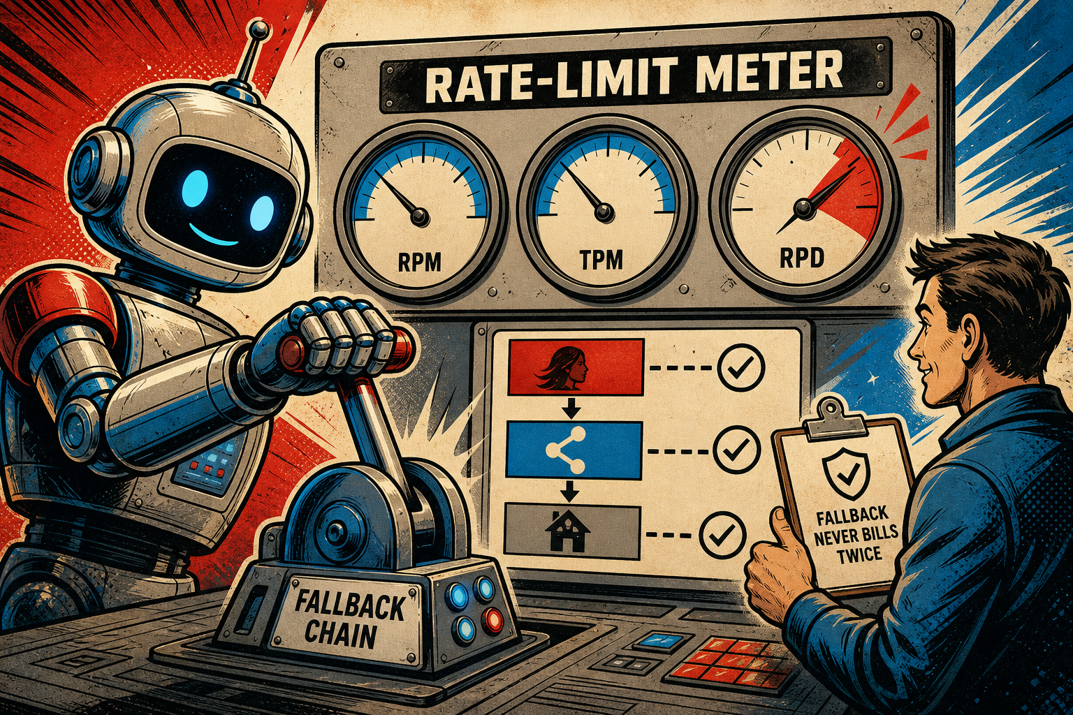 A retro robot at a triple-tiered switchboard: a top tier counting tokens-per-minute on a glowing dial, a middle tier counting requests-per-minute on a second dial, a bottom tier counting requests-per-day on a calendar grid; the robot watches the dials and only flips the next-tier switch when the tier above turns red.
