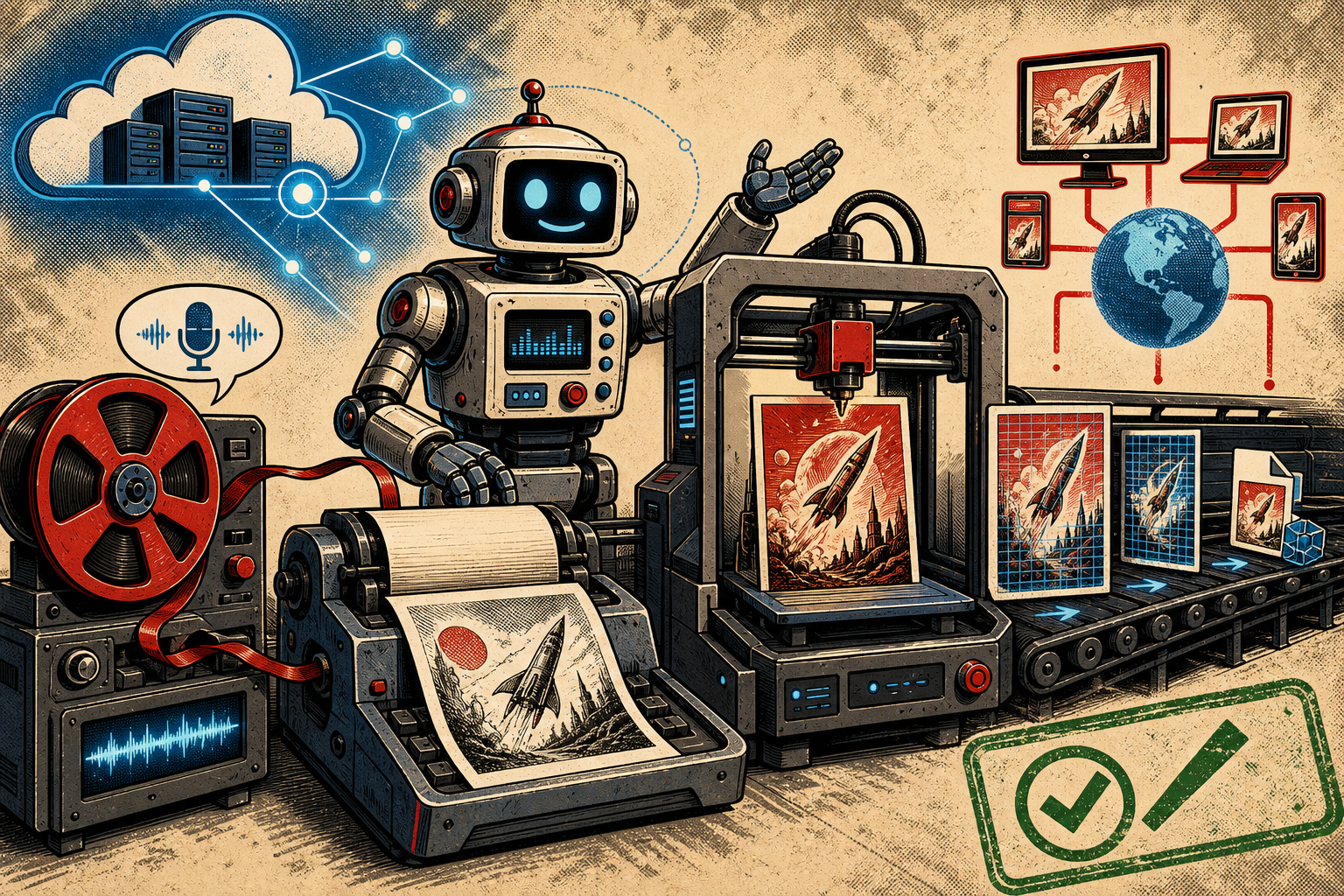 A friendly retro robot standing on a publishing assembly line — voice note tape reel on the left feeding into a draft printer, a 3D printer extruding a featured illustration in the middle, a WebP conveyor belt carrying the optimized image, a Cloudflare edge node upstream on the left, and a green PUBLISH stamp at the bottom right corner.
