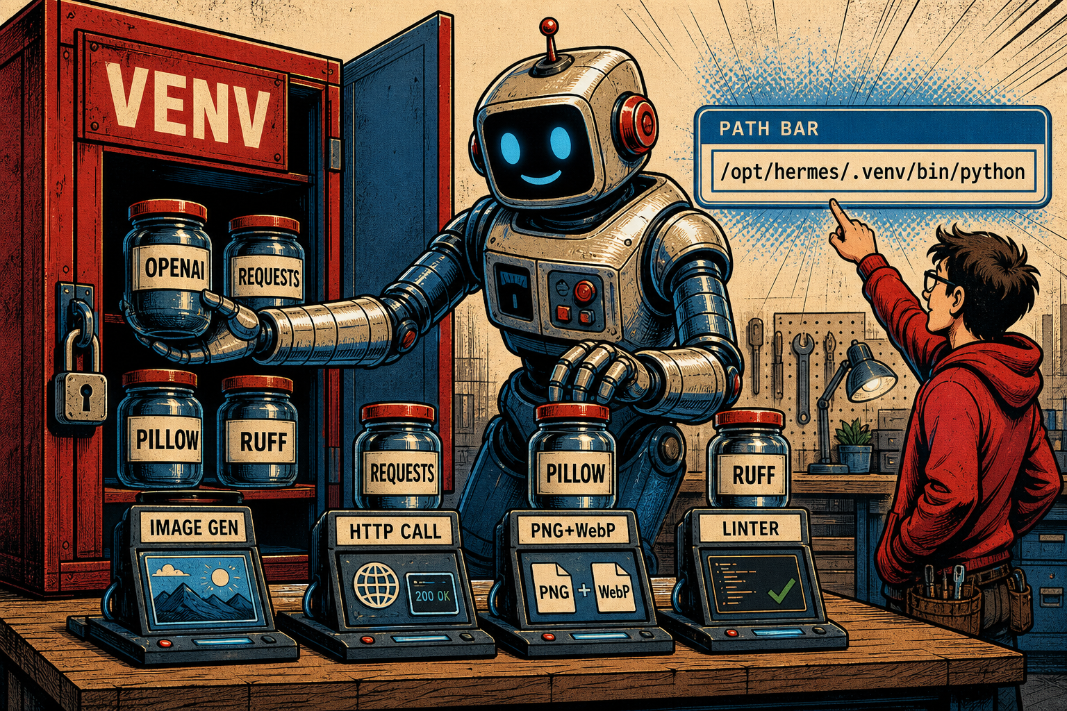 A friendly retro robot at a sturdy lockable cabinet labeled VENV. The robot reaches in to grab labeled jars (OPENAI / REQUESTS / PILLOW / RUFF) and uses each to run a small labeled task on the workbench (image gen / HTTP call / PNG+WebP / linter). A small human figure on the right points at a PATH BAR showing /opt/hermes/.venv/bin/python.