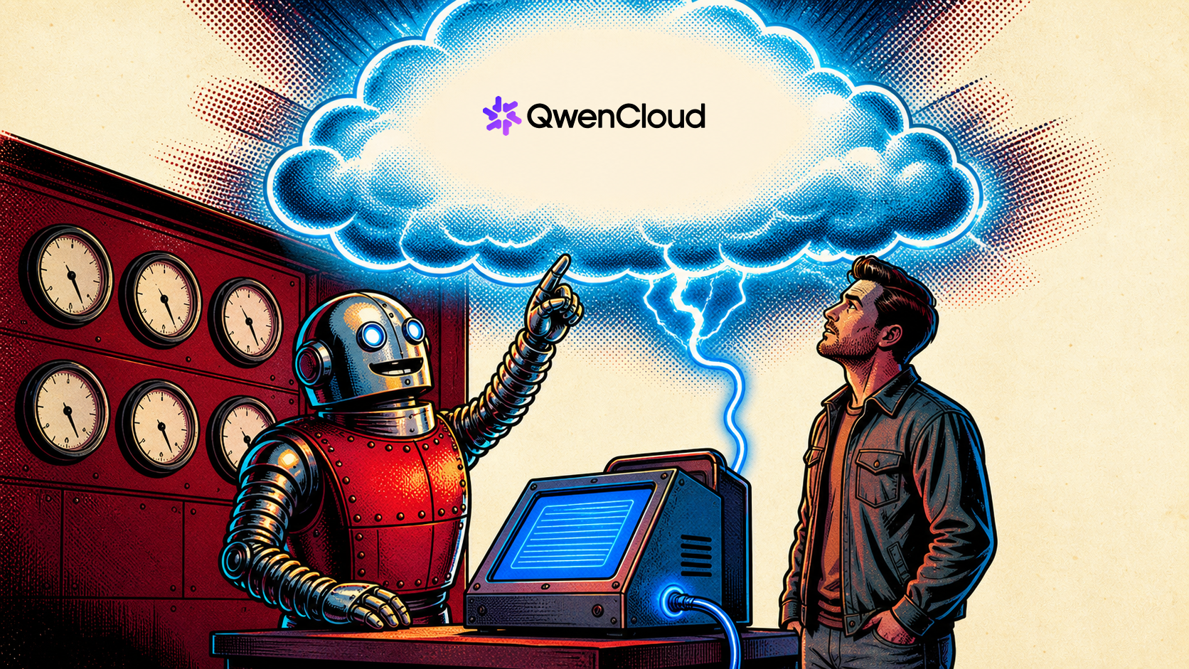 Retro comic-style illustration of a chrome-domed robot and human operator looking up at a glowing cloud containing the official QwenCloud logo.