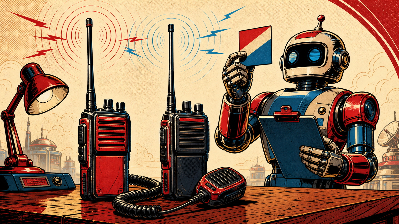A pair of Radioddity GM-30 Pro GMRS handhelds with their long antennas extended, on a wooden desk, with a friendly retro-futurist robot in the background