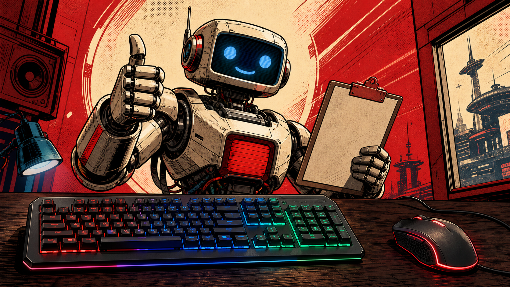 A Redragon K619 mechanical keyboard with RGB backlighting in front of a dark hardwood desk, paired with a Redragon M612 Predator gaming mouse, with a friendly retro-futurist robot in the background
