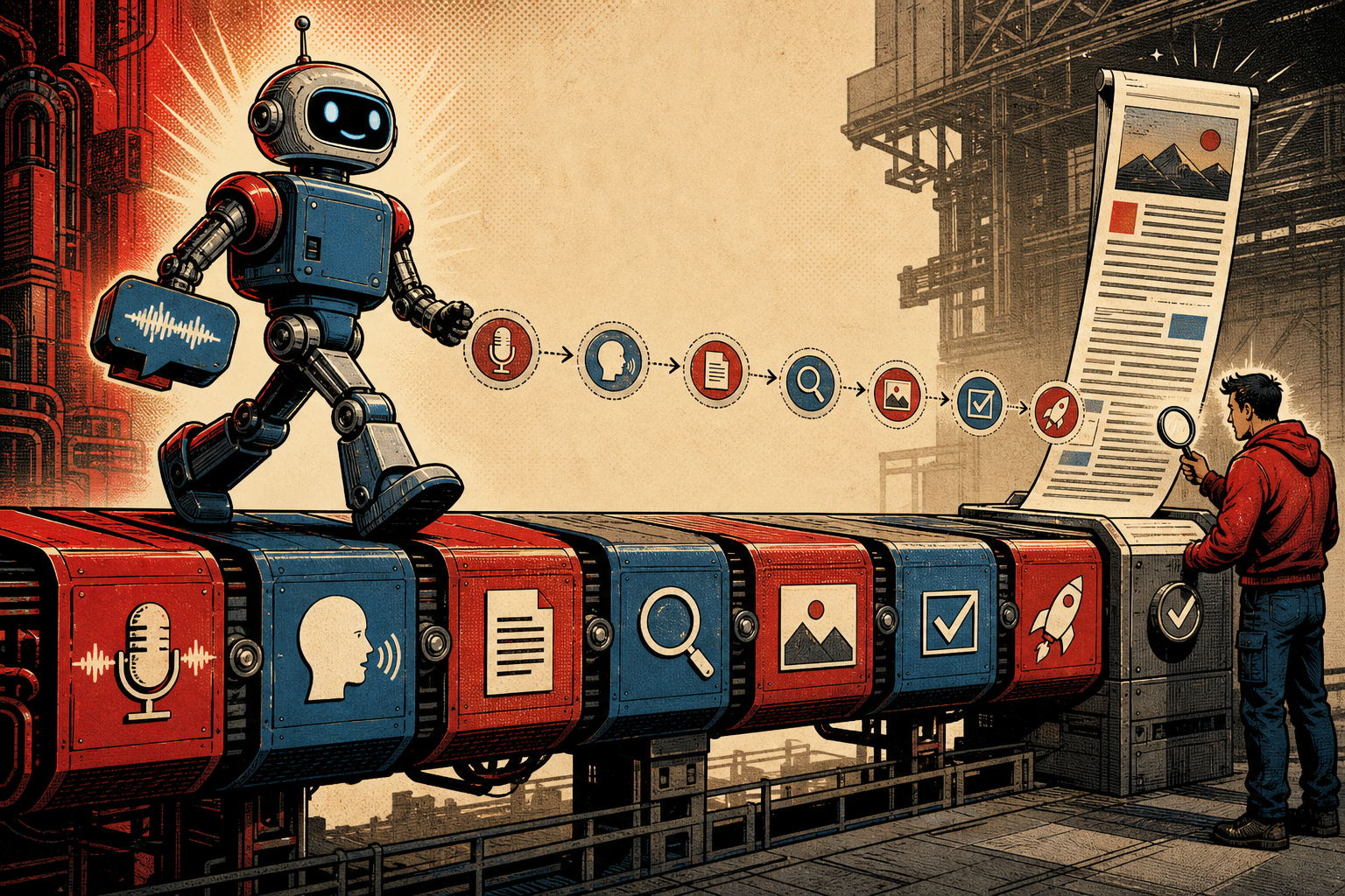 A friendly retro-futurist robot in a chrome hard hat walks along a 7-segment factory conveyor belt: each segment is labeled with a working task — CAPTURE, STT, DRAFT, REVIEW, IMAGE, COMMIT, SHIP. The robot carries a small cassette tape (the voice note) over its shoulder at the first segment and balances a rolled scroll (the finished post) on the other shoulder at the last. A small human figure stands beside the SHIP segment, arms folded, inspecting the output before signing off.