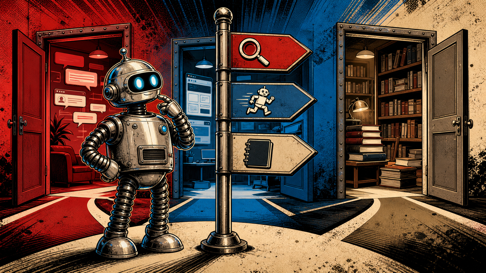 A retro robot standing at a crossroads signpost reading "Search → cited by ChatGPT / Agent → live browsing / Training → blocked" with arrows pointing into three different doors labeled with the logos of major AI answer engines.
