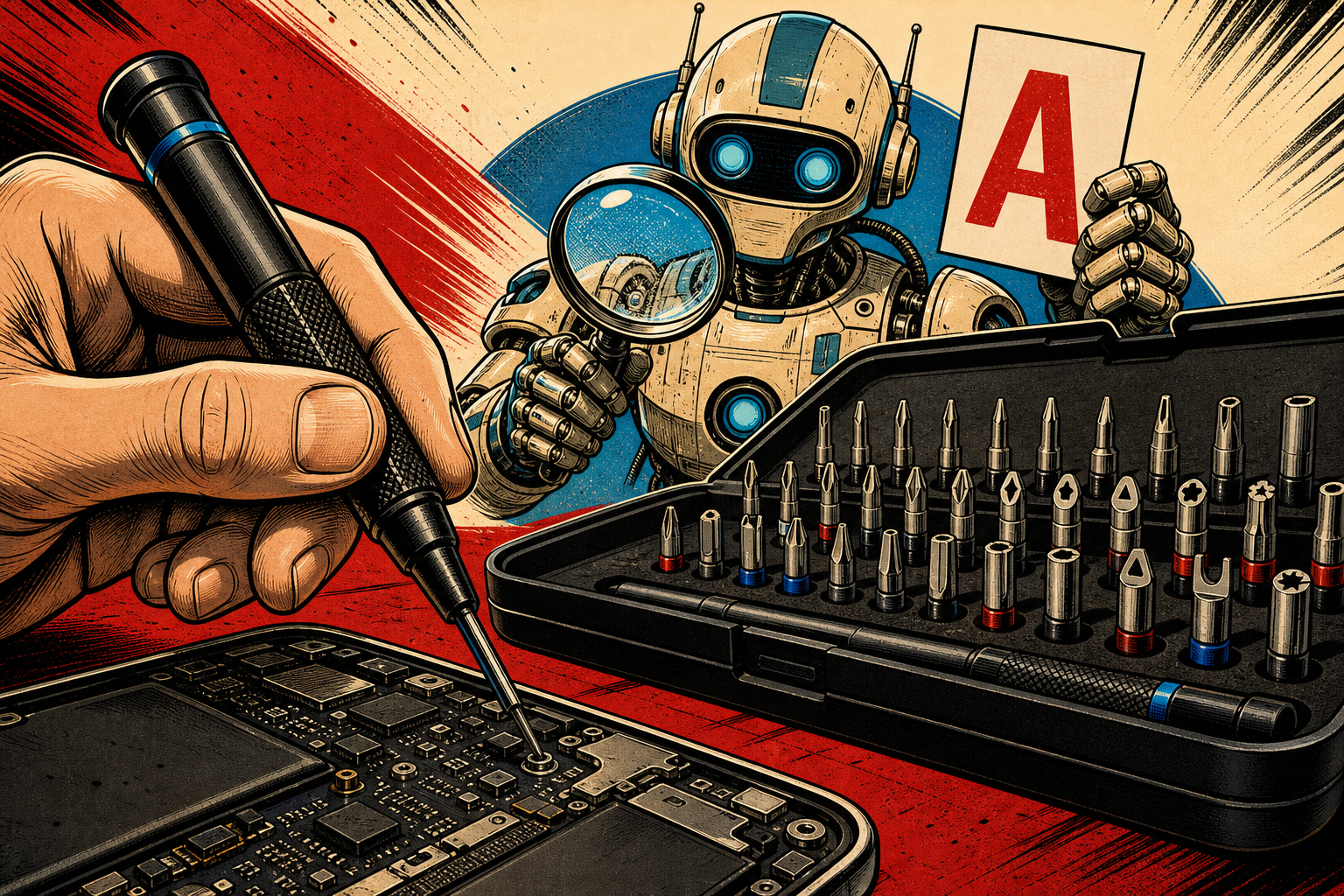 A small precision screwdriver with a thin black shaft and an aluminum handle, unscrewing a tiny screw on a disassembled computer component, surrounded by a case with 49 small bits arranged in rows including different triwing pentalobe triangle and hexagon shapes, with a retro-futurist robot assistant holding up an A grade