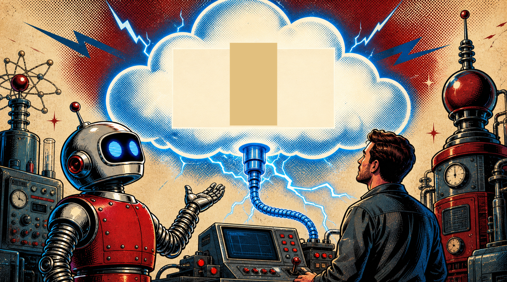 Retro comic-style illustration of a chrome-domed robot and human operator looking up at a glowing cloud, with the official Standard Compute gold mark composited into the cloud.