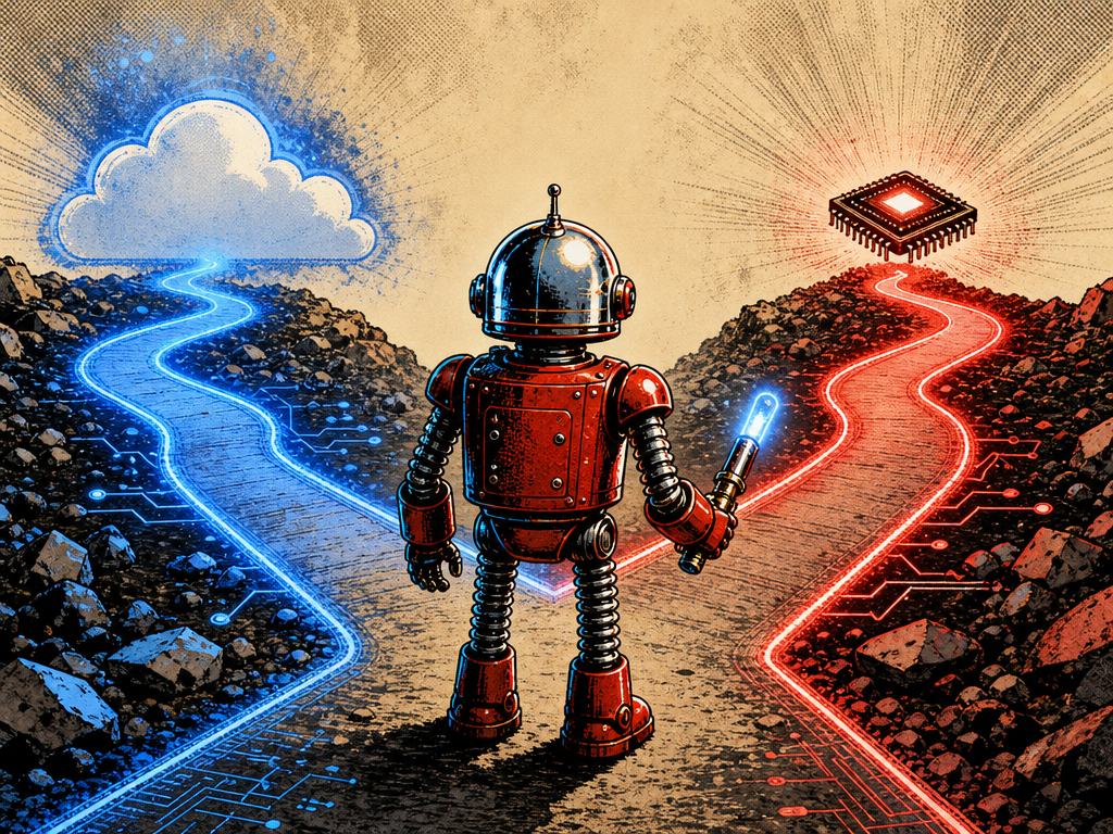 A friendly retro robot standing at the start of a forked path, one branch glowing blue toward a cloud, the other glowing red toward a chip, holding a glowing tool and ready to begin.