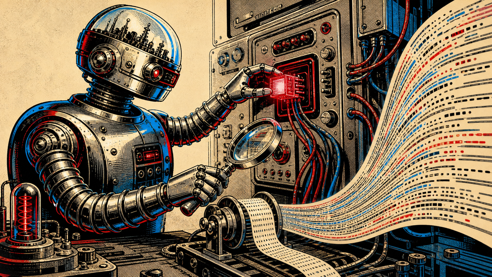 Retro editorial illustration of a chrome-domed robot wrapping a glowing tape measure around a model call, with JSONL data streaming out into a small drawer labeled "logs".