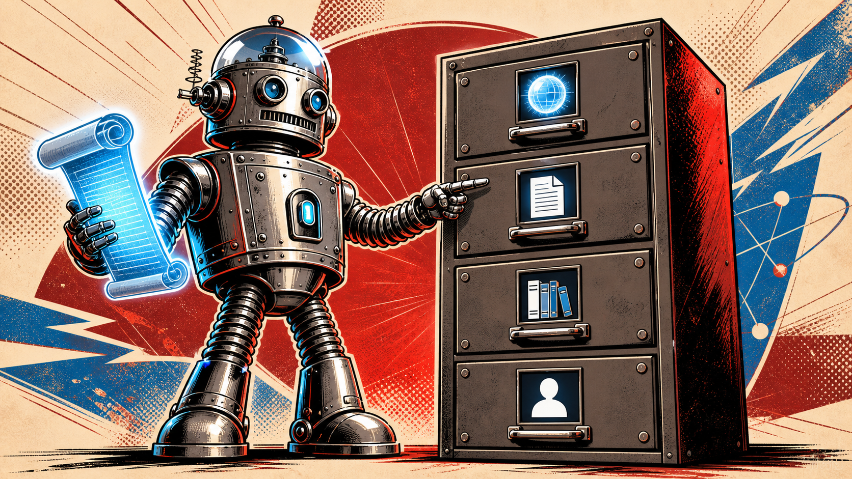 Retro editorial illustration of a chrome-domed robot standing in front of a four-drawer filing cabinet, pointing at the drawers with one coil arm while holding a glowing scroll in the other.