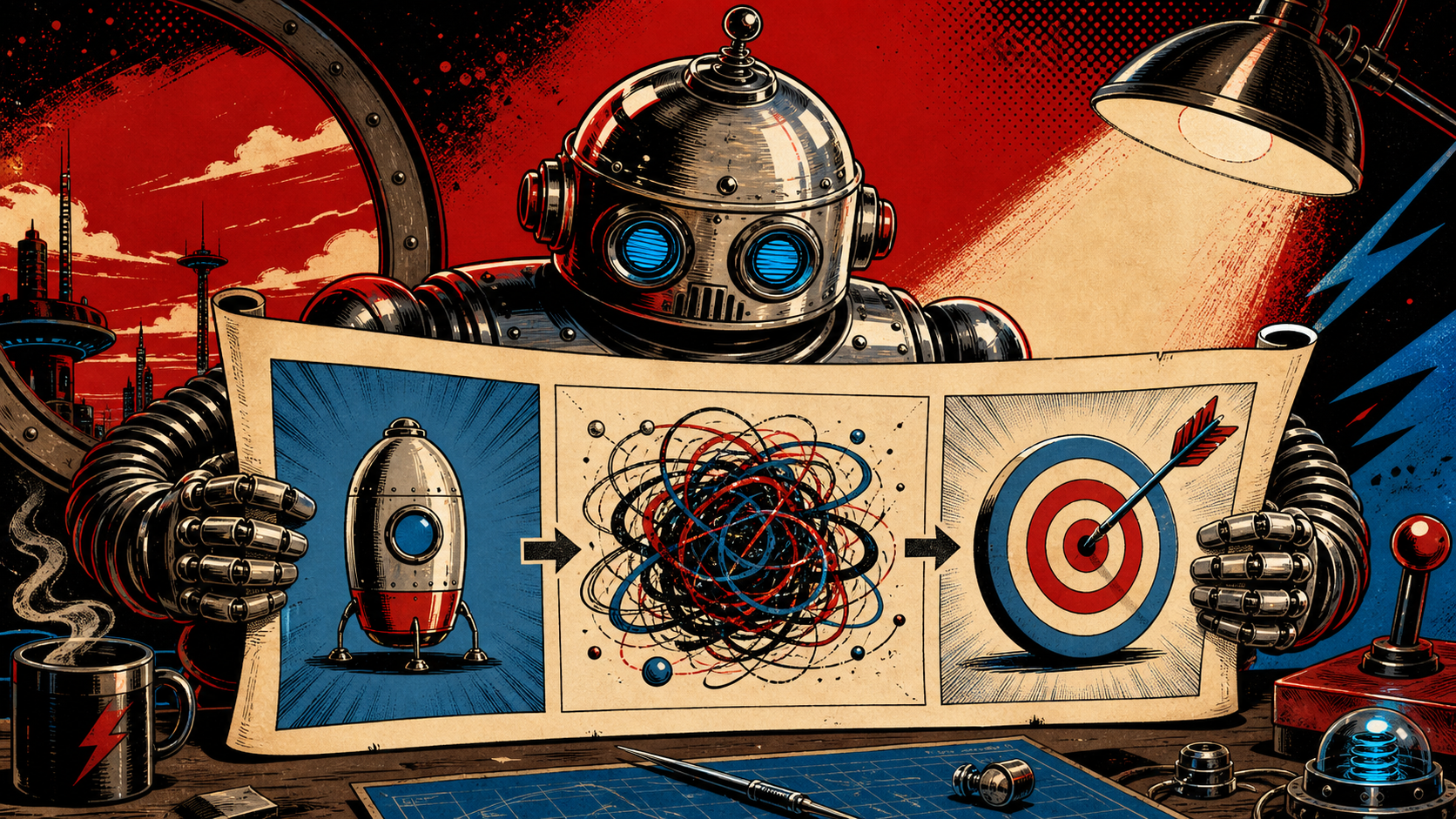 Retro editorial illustration of a chrome-domed robot managing a three-stage conveyor belt — grounded inputs on one end, a chaotic mid-stage labeled "messy middle", and a finished package landing on the other end.