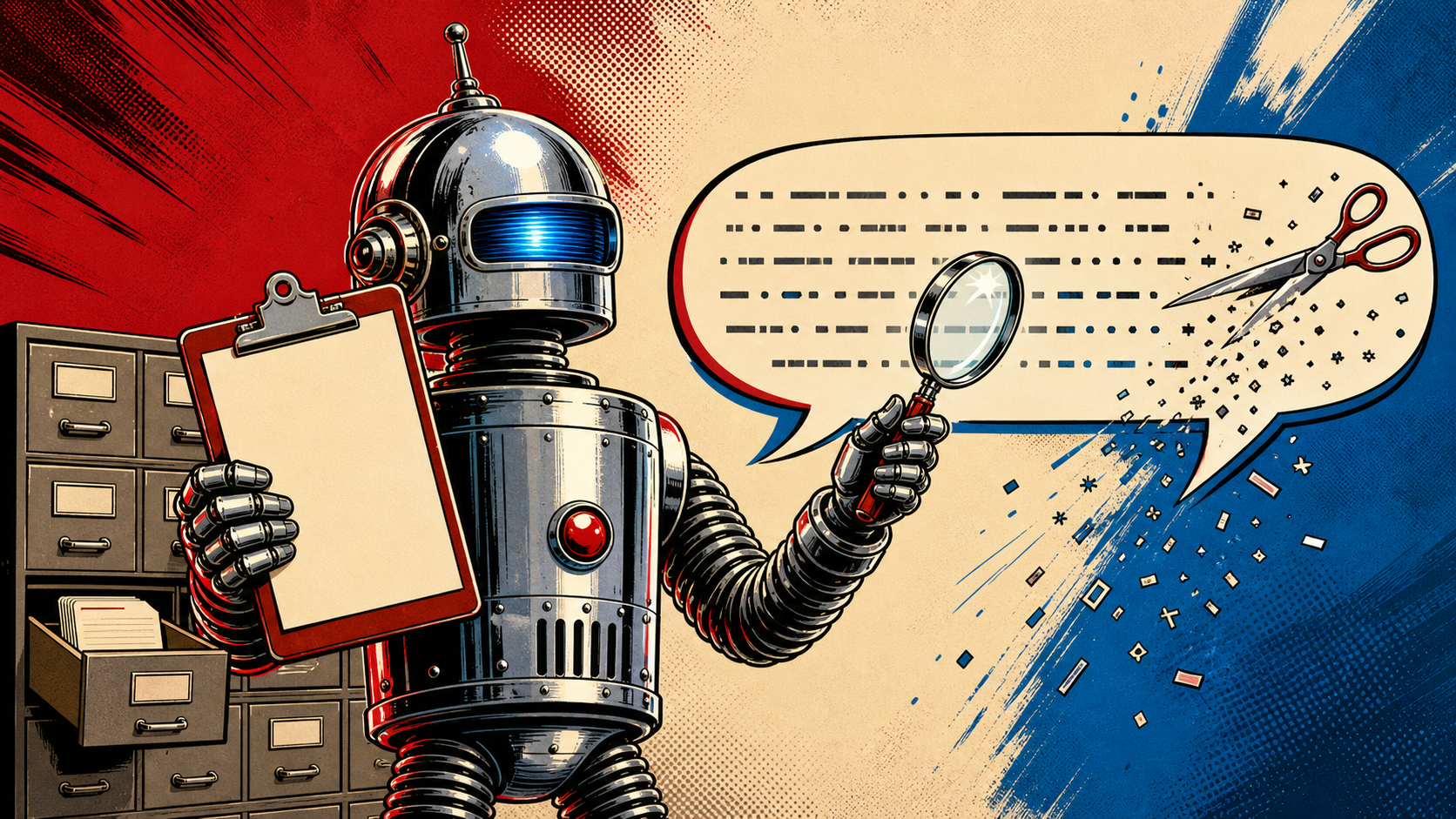 Retro editorial illustration of a chrome-domed robot tending one of four drawers in a tiered cabinet, representing this guide's memory tier.