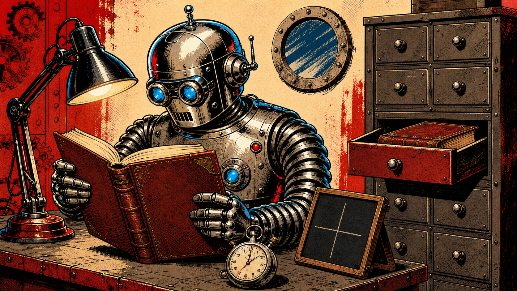 Retro editorial illustration of a chrome-domed robot tending one of four drawers in a tiered cabinet, representing this guide's memory tier.