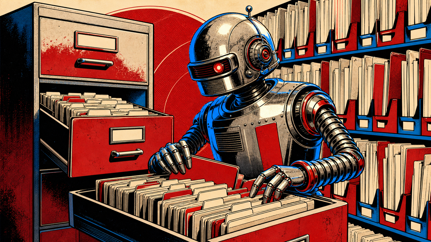 Retro editorial illustration of a chrome-domed robot tending one of four drawers in a tiered cabinet, representing this guide's memory tier.