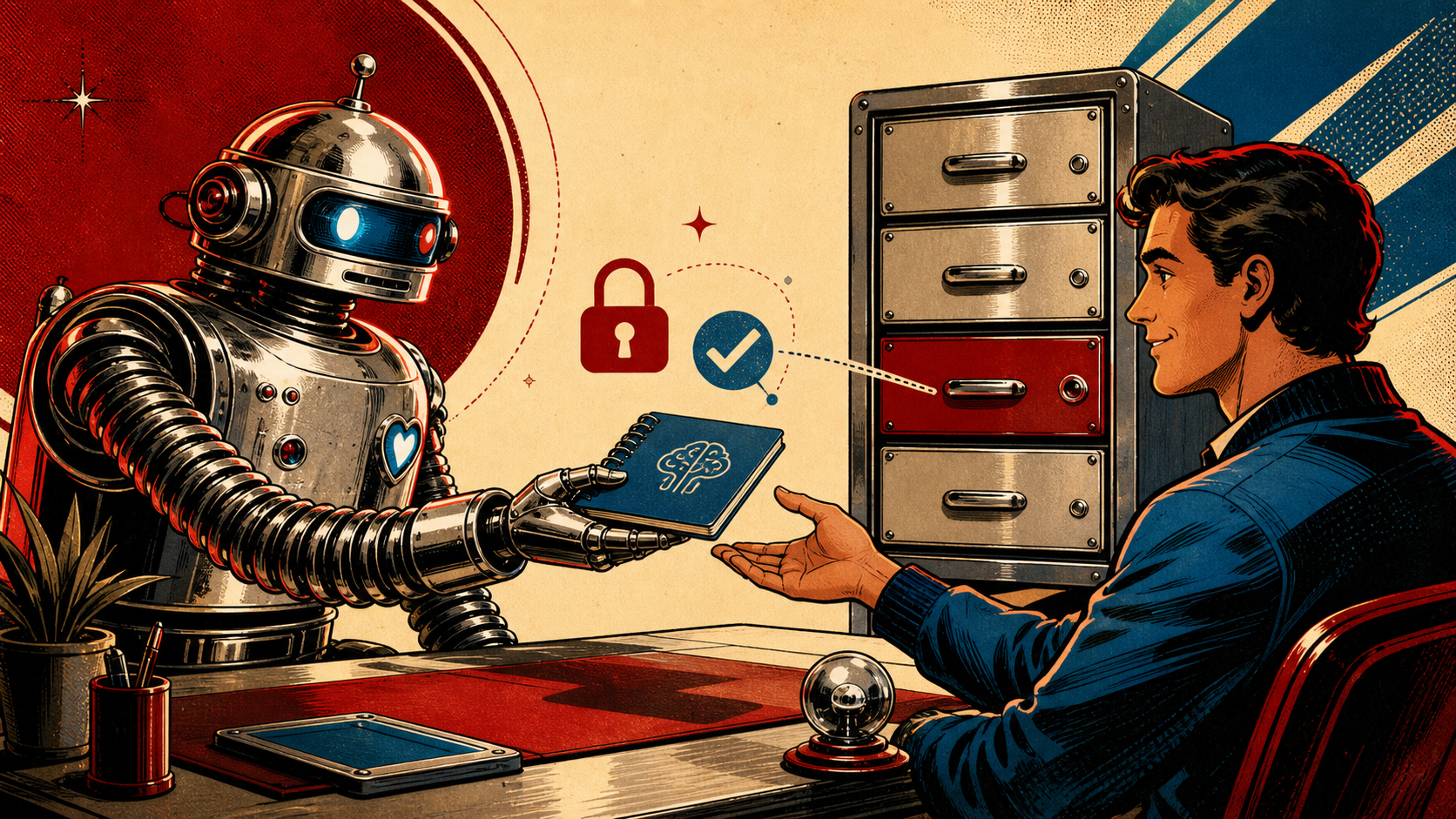 Retro editorial illustration of a chrome-domed robot tending one of four drawers in a tiered cabinet, representing this guide's memory tier.