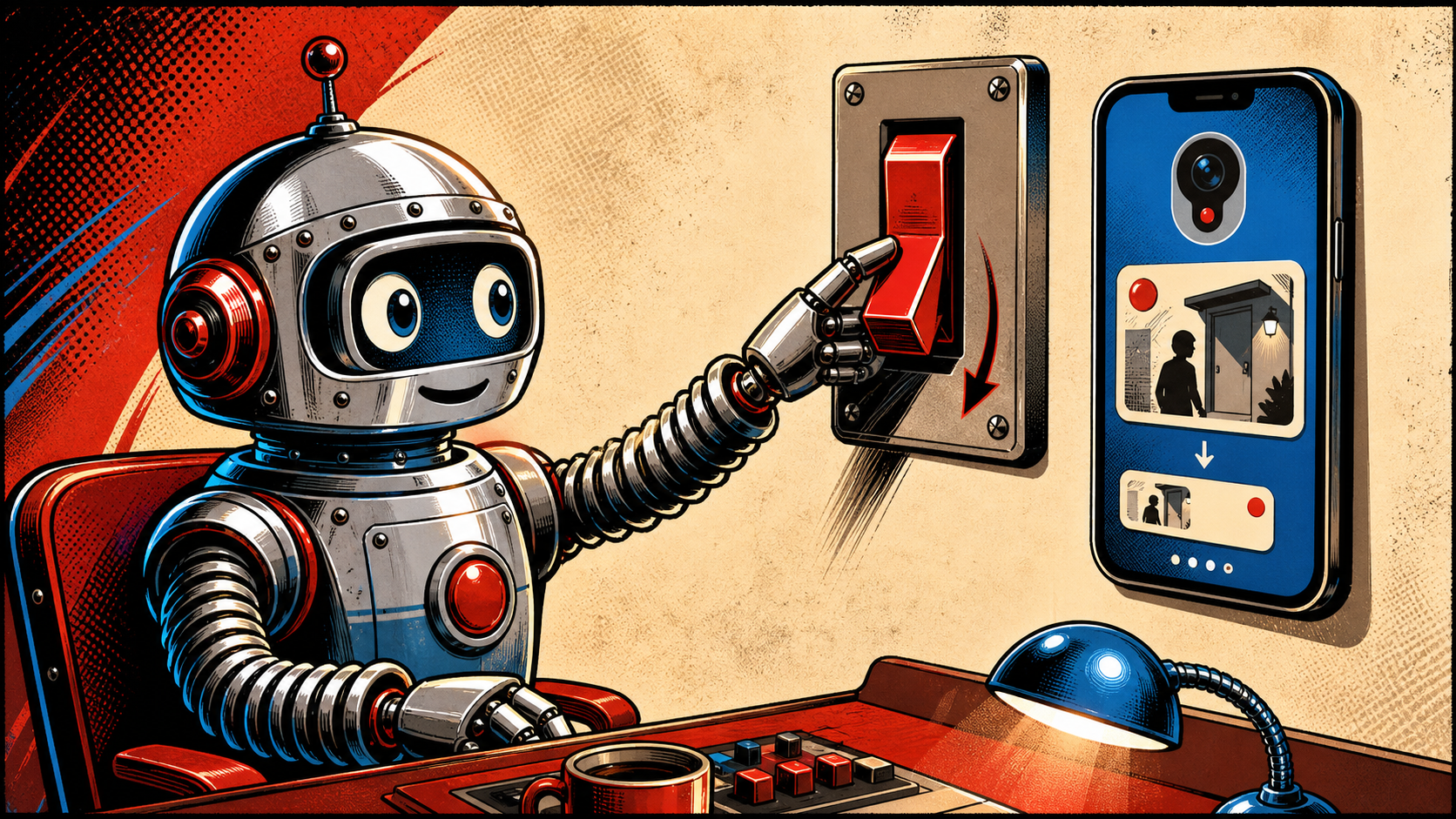 A retro robot inspector at a small security desk examining a Ring-style smartphone notification; the inspector is flipping a single big red toggle from ON to OFF, with a thought bubble showing the notification shrinking to a plain doorbell chime.
