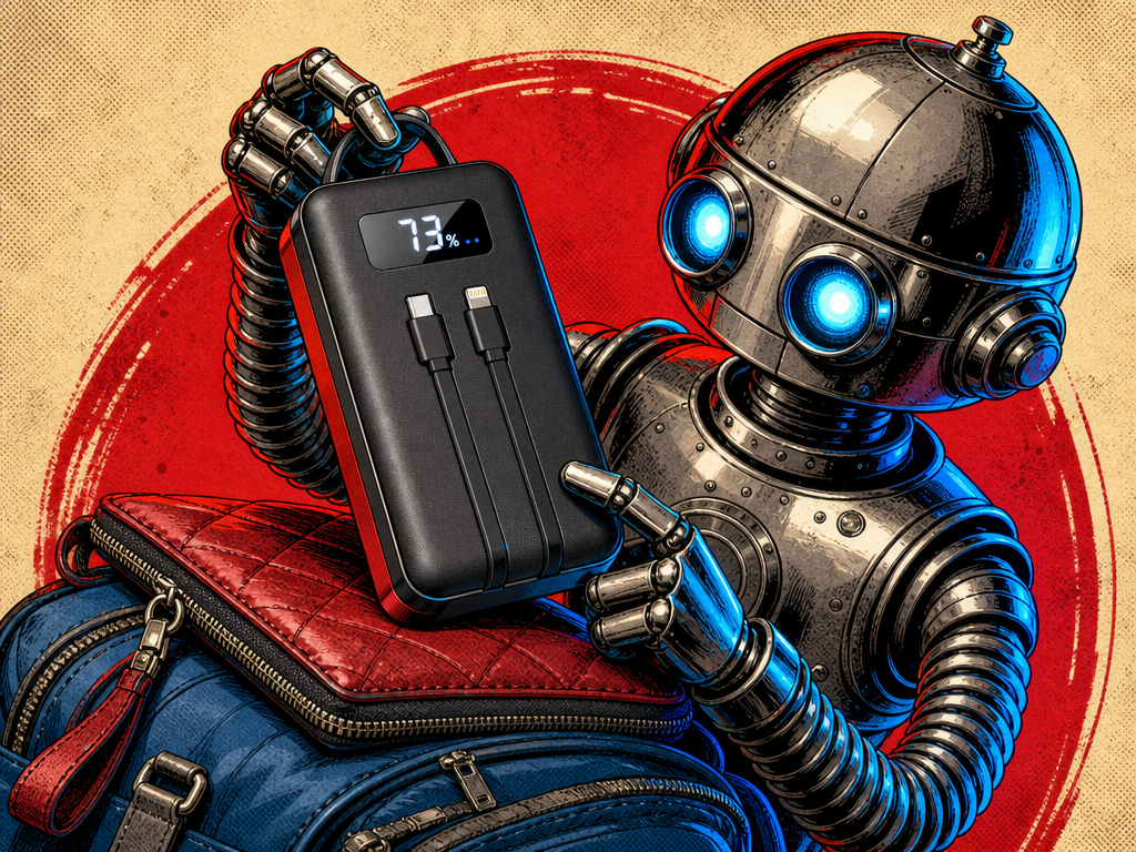 A chunky VEEKTOMX power bank with built-in cables and a percentage display resting on a purse and backpack, with a chrome-domed retro-futurist robot holding it by its side handle