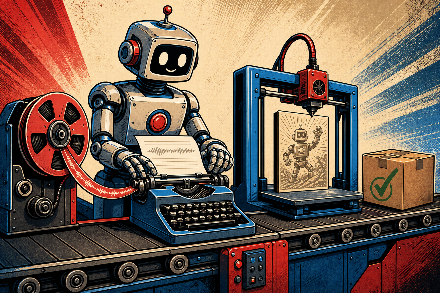 A friendly retro-futurist robot operating a small transcription assembly line on a warm cream background: a voice note tape reel feeds in from the left into a typewriter that drafts the review, a 3D printer in the middle extrudes a featured illustration, and an Amazon shipping box stamped with a green checkmark rolls off the end of the belt to the right.