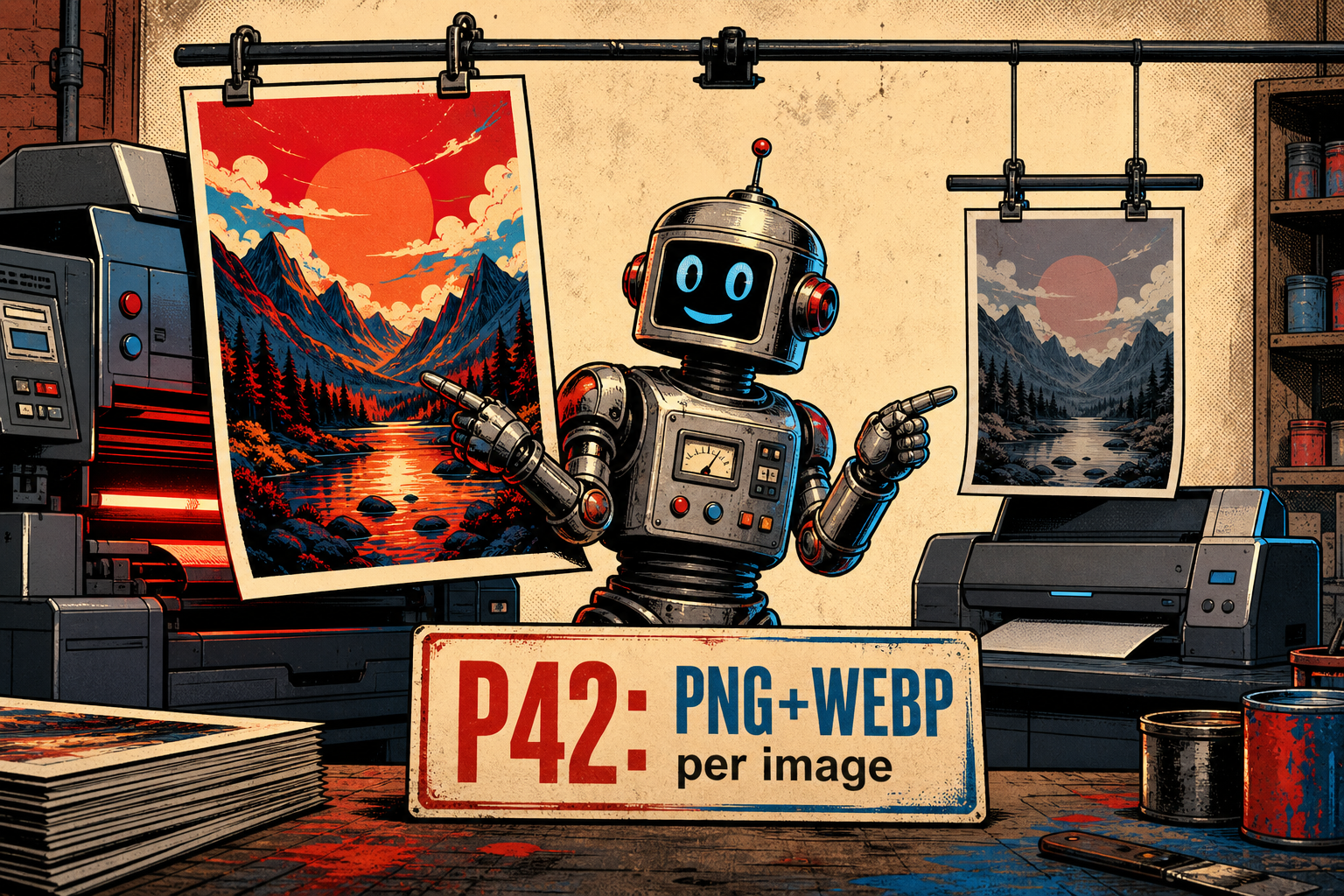 A friendly retro robot standing at a small print shop counter: on the robot's left, a chunky COLOR PRINTER outputs a large, brightly colored PNG poster in red-orange; on the robot's right, a smaller COMPACT PRINTER outputs a dim, modern WebP twin. Both prints hang drying side-by-side from a thin clothesline. A handwritten label on the counter reads P42: PNG+WEBP per image. Pastel blue and mint background, soft studio lighting, mid-century robot, no extra text.