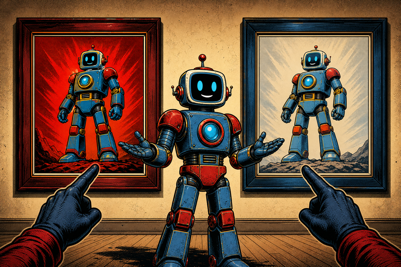 A friendly retro robot standing between two framed pictures on a gallery wall. The left frame holds a heavy old-school PNG rendering of a colorful robot character; the right frame holds the same character at a fraction of the size, captioned as a WebP. A gloved hand from the foreground points at both frames as if presenting them to the viewer.