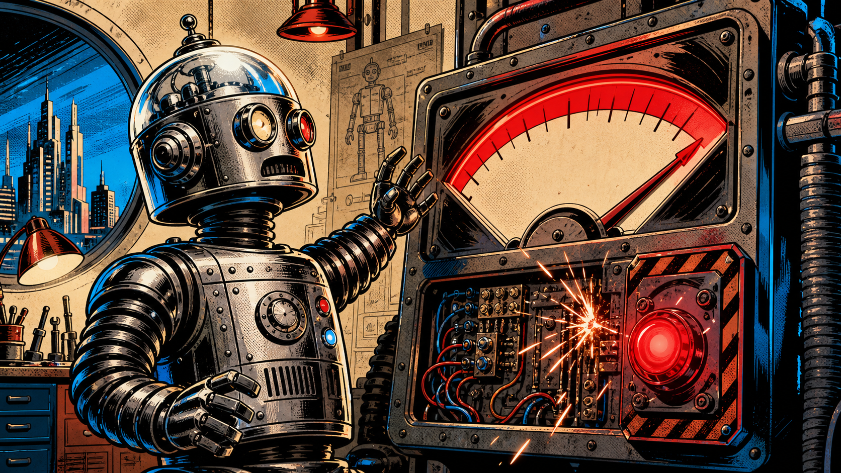 Retro editorial illustration of a chrome-domed robot pointing at a red gauge pegged at the limit, with sparks flying from an interrupted circuit and a glowing red emergency stop button.