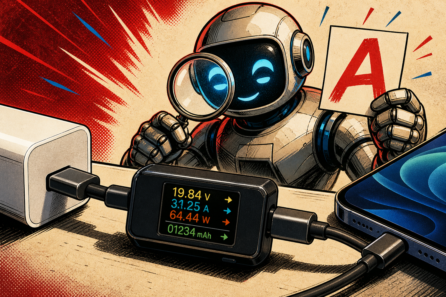 A small black inline USB-C tester module halfway along a USB-C cable plugged into a charger, with a phone on the other end, the meter's LCD screen showing voltage current wattage readings, and a retro-futurist robot assistant inspecting the readings with a magnifying glass